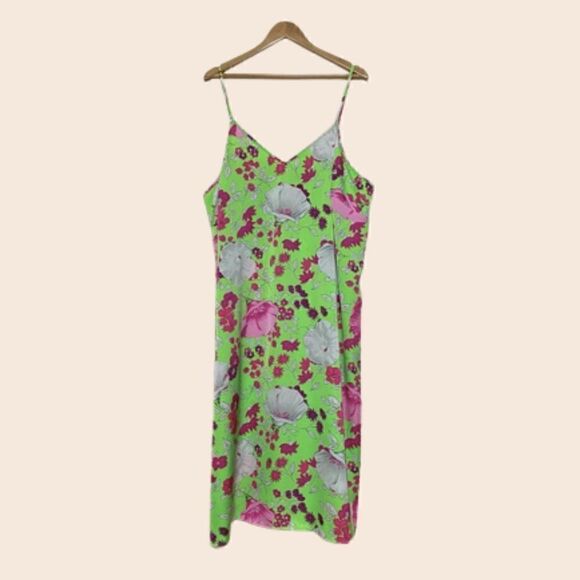 Neon Green Floral Midi Dress Size 20 - Picture 1 of 7